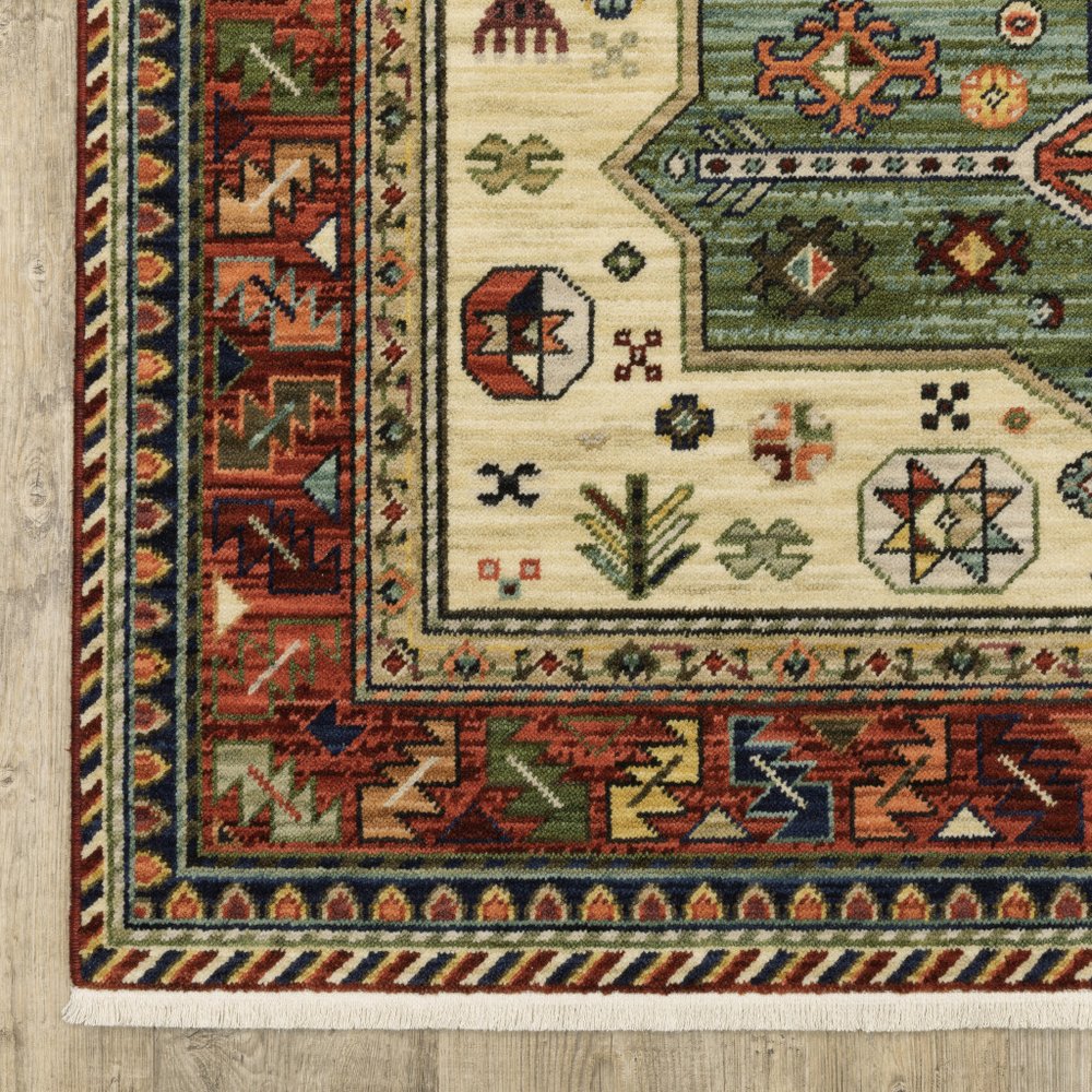 5' X 8' Red Blue And Beige Oriental Area Rug With Fringe