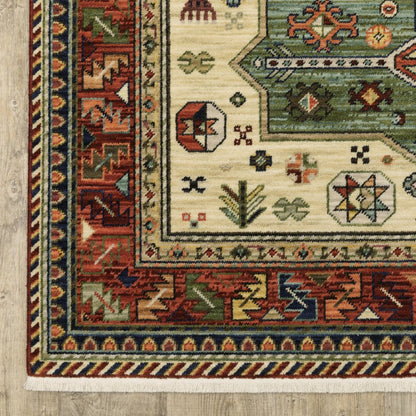 5' X 8' Red Blue And Beige Oriental Area Rug With Fringe
