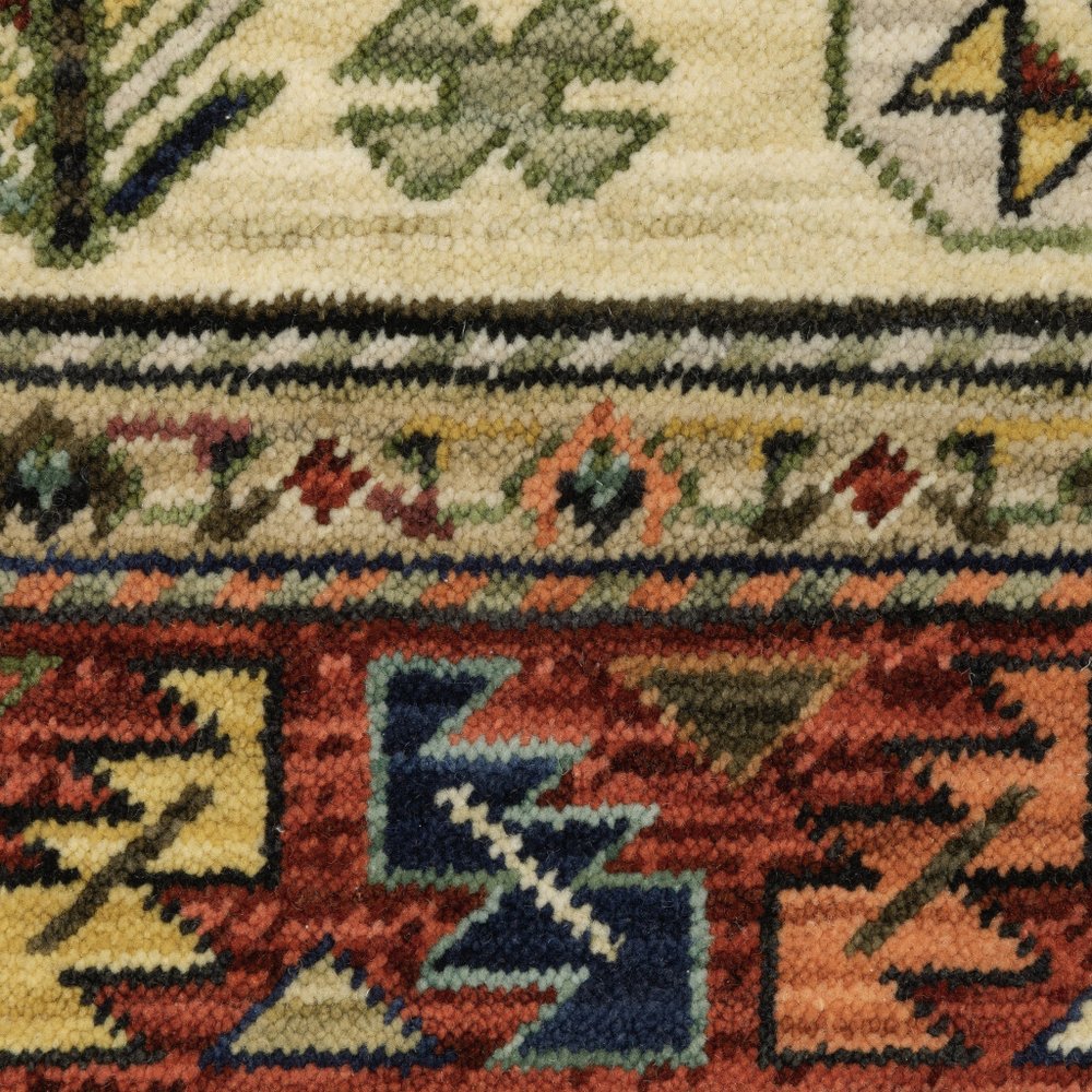 5' X 8' Red Blue And Beige Oriental Area Rug With Fringe