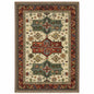 6' X 9' Brick Red Orange Rust Beige Gold Pale Blue Olive Navy And Black Oriental Power Loom Stain Resistant Area Rug With Fringe