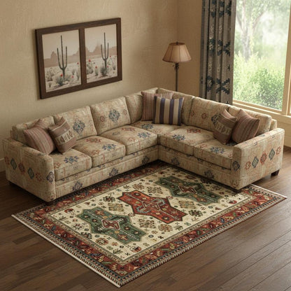 6' X 9' Brick Red Orange Rust Beige Gold Pale Blue Olive Navy And Black Oriental Power Loom Stain Resistant Area Rug With Fringe