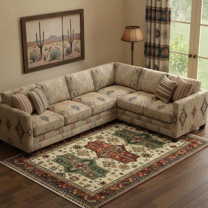 8' X 11' Brick Red Orange Rust Beige Gold Pale Blue Olive Navy And Black Oriental Power Loom Stain Resistant Area Rug With Fringe
