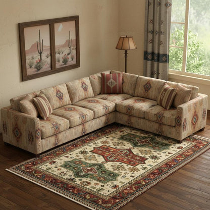 10' X 13' Brick Red Orange Rust Beige Gold Pale Blue Olive Navy And Black Oriental Power Loom Stain Resistant Area Rug With Fringe