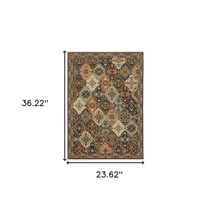 2' X 3' Red Rust Navy Light Blue Brown Orange Ivory And Gold Oriental Power Loom Stain Resistant Area Rug With Fringe