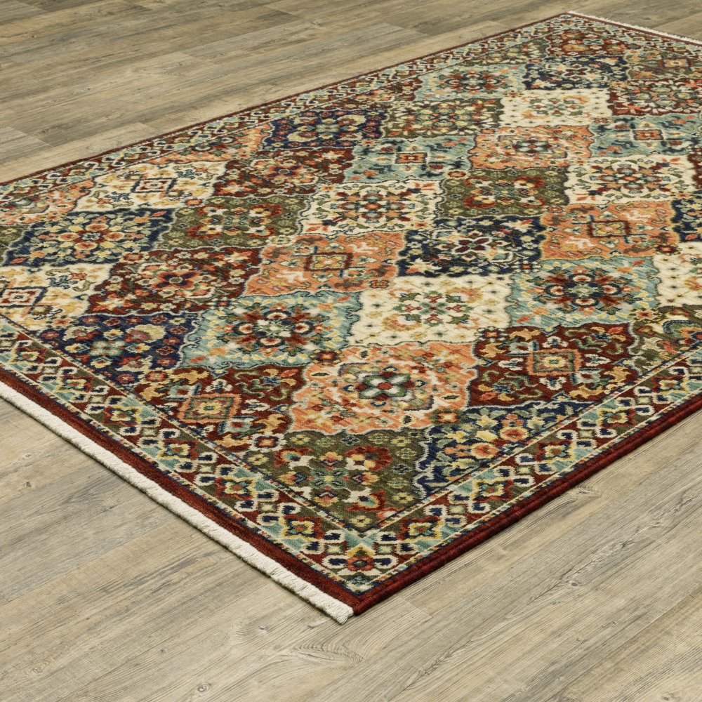 2' X 3' Red Rust Navy Light Blue Brown Orange Ivory And Gold Oriental Power Loom Stain Resistant Area Rug With Fringe