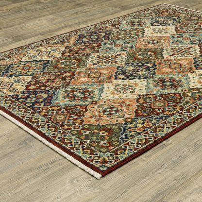 2' X 3' Red Rust Navy Light Blue Brown Orange Ivory And Gold Oriental Power Loom Stain Resistant Area Rug With Fringe