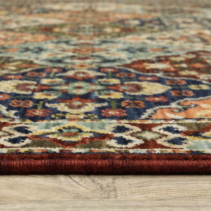 2' X 3' Red Rust Navy Light Blue Brown Orange Ivory And Gold Oriental Power Loom Stain Resistant Area Rug With Fringe