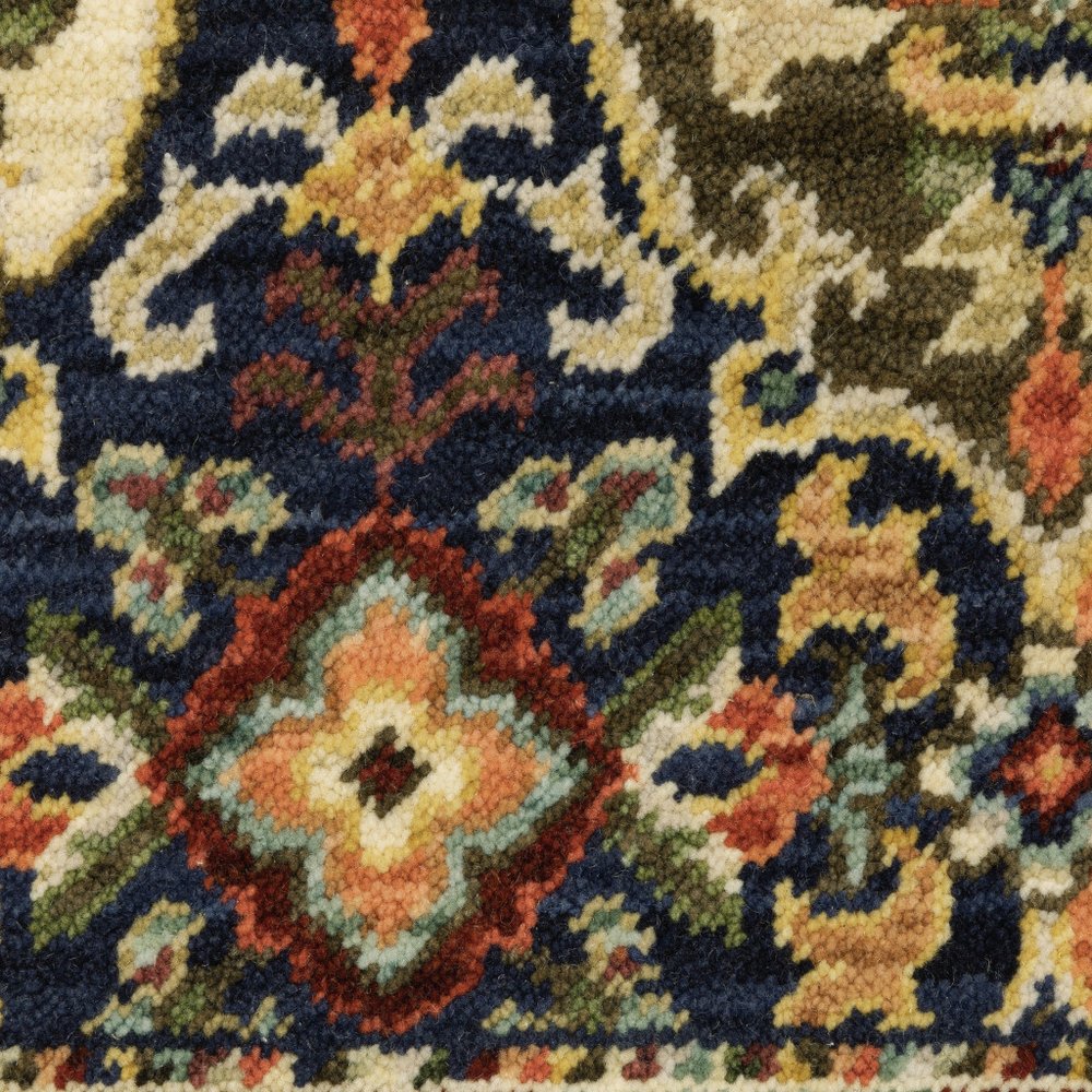 2' X 3' Red Rust Navy Light Blue Brown Orange Ivory And Gold Oriental Power Loom Stain Resistant Area Rug With Fringe