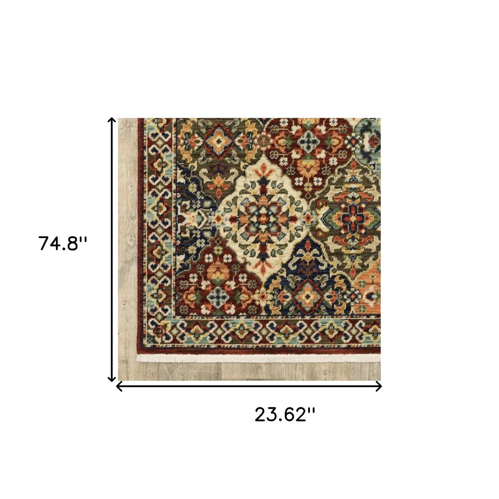 2' X 6' Red Rust Navy Light Blue Brown Orange Ivory And Gold Oriental Power Loom Stain Resistant Runner Rug With Fringe