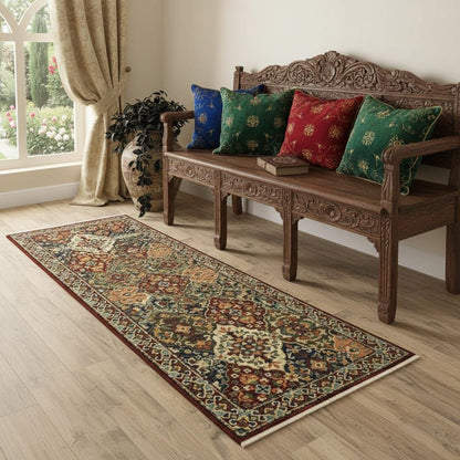 2' X 6' Red Rust Navy Light Blue Brown Orange Ivory And Gold Oriental Power Loom Stain Resistant Runner Rug With Fringe