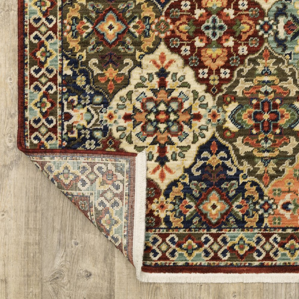 2' X 6' Red Rust Navy Light Blue Brown Orange Ivory And Gold Oriental Power Loom Stain Resistant Runner Rug With Fringe