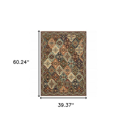 3' X 5' Red Rust Navy Light Blue Brown Orange Ivory And Gold Oriental Power Loom Stain Resistant Area Rug With Fringe
