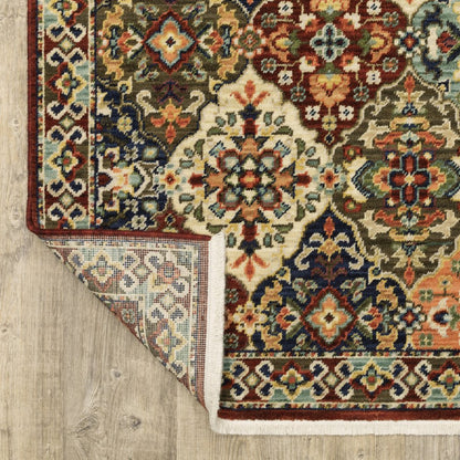 3' X 5' Red Rust Navy Light Blue Brown Orange Ivory And Gold Oriental Power Loom Stain Resistant Area Rug With Fringe