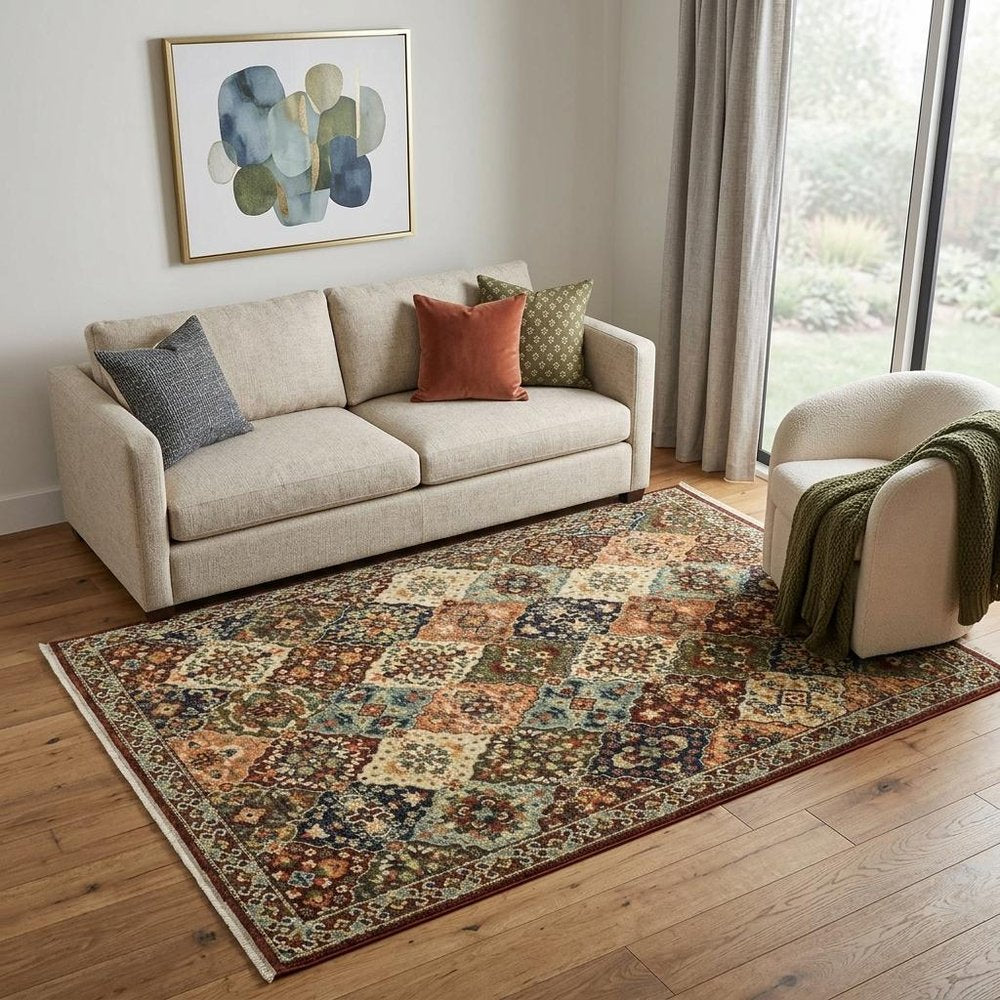 5' X 8' Red And Ivory Oriental Area Rug With Fringe