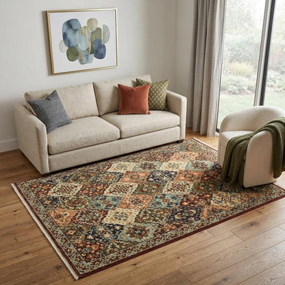 5' X 8' Red And Ivory Oriental Area Rug With Fringe