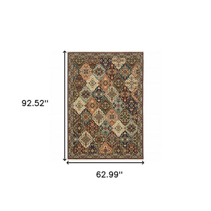 5' X 8' Red And Ivory Oriental Area Rug With Fringe