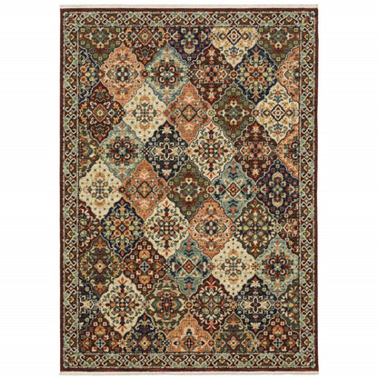5' X 8' Red And Ivory Oriental Area Rug With Fringe