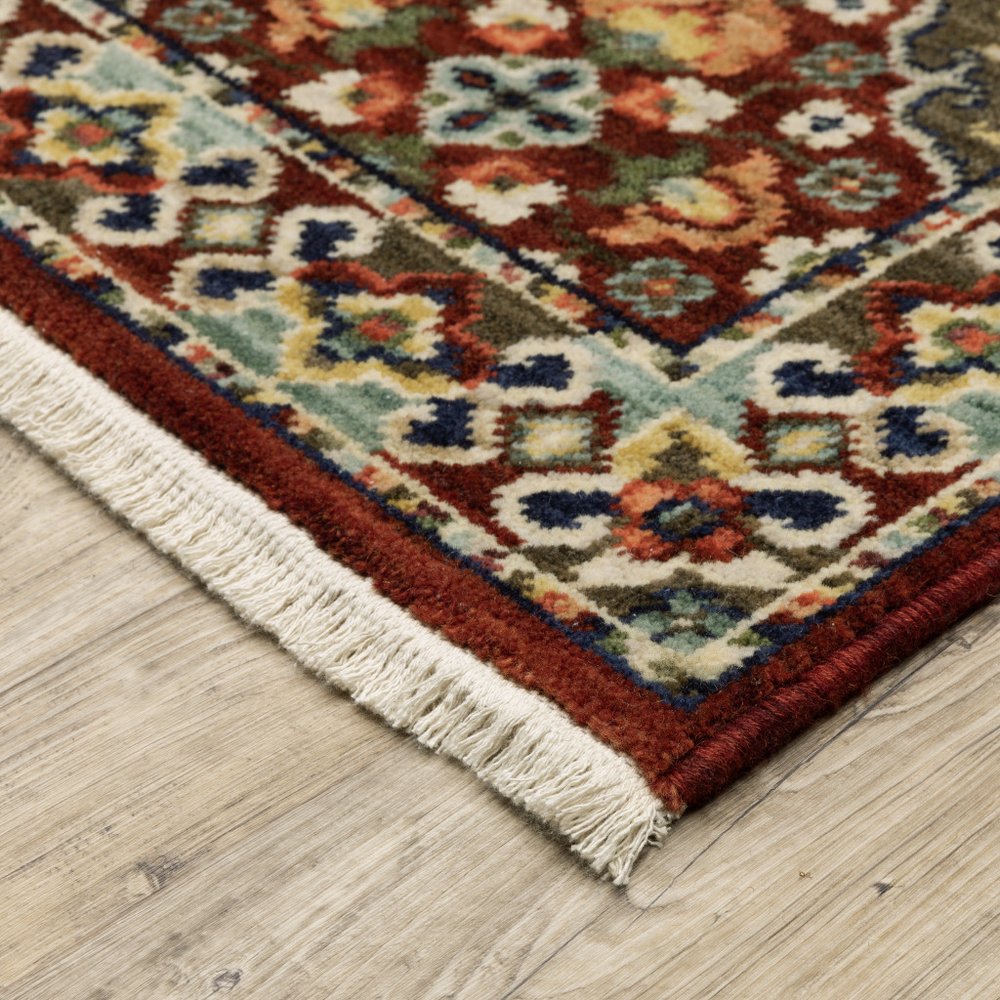 5' X 8' Red And Ivory Oriental Area Rug With Fringe