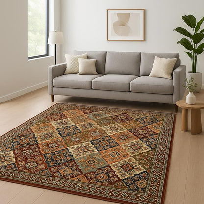 6' X 9' Red Rust Navy Light Blue Brown Orange Ivory And Gold Oriental Power Loom Stain Resistant Area Rug With Fringe