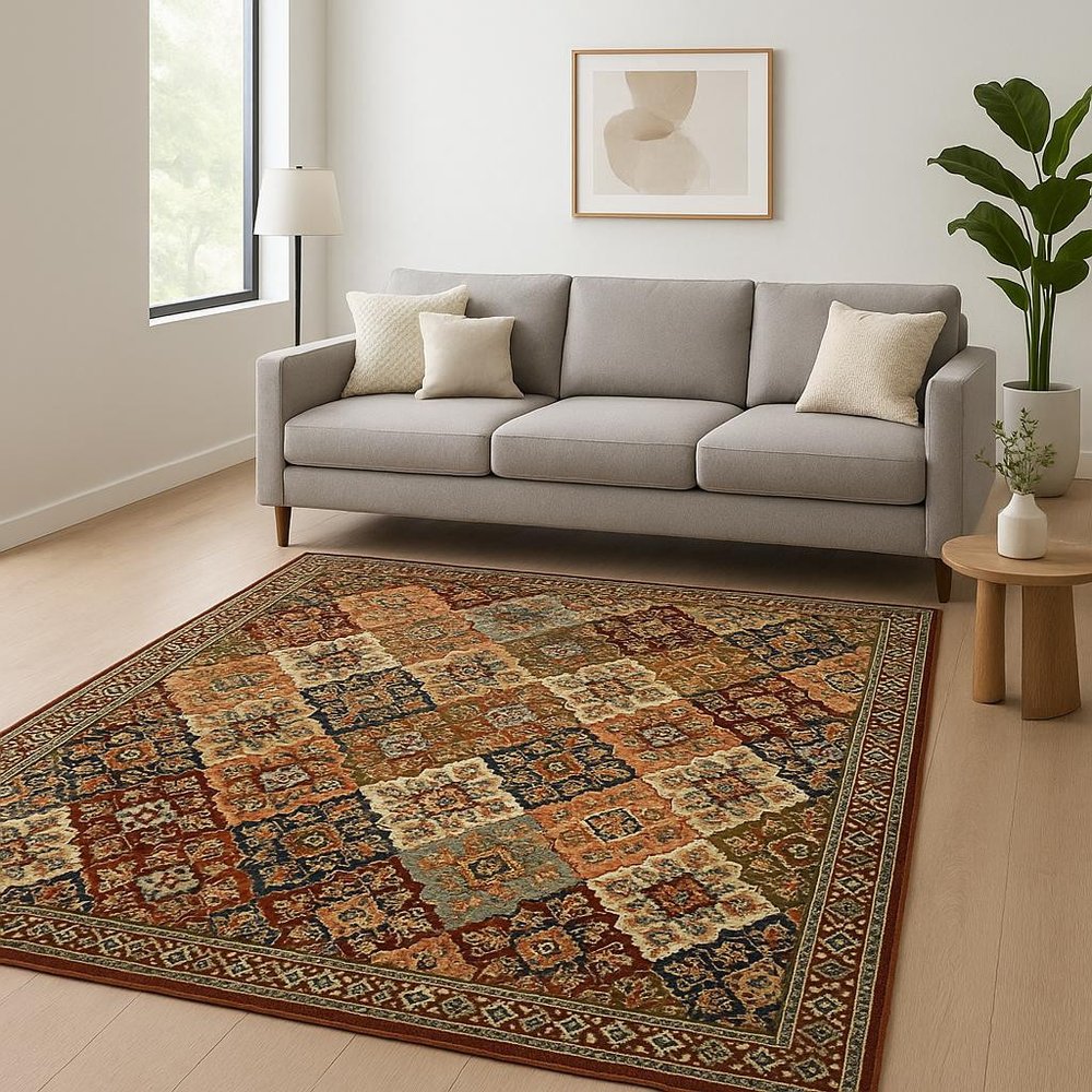 6' X 9' Red Rust Navy Light Blue Brown Orange Ivory And Gold Oriental Power Loom Stain Resistant Area Rug With Fringe