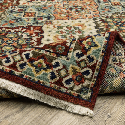 8' X 11' Red Rust Navy Light Blue Brown Orange Ivory And Gold Oriental Power Loom Stain Resistant Area Rug With Fringe