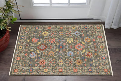 2' X 3' Gray Blue And Orange Oriental Area Rug With Fringe