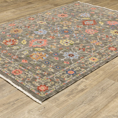 2' X 3' Gray Blue And Orange Oriental Area Rug With Fringe