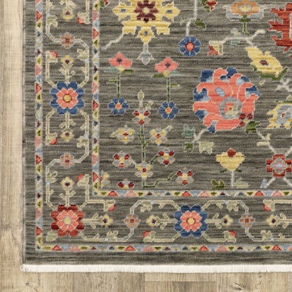 2' X 3' Gray Blue And Orange Oriental Area Rug With Fringe