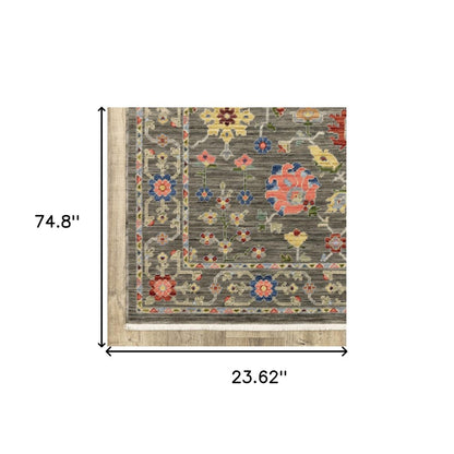 2' X 6' Grey Salmon Pink Gold Blue Rust Deep Blue Ivory And Green Oriental Power Loom Stain Resistant Runner Rug With Fringe