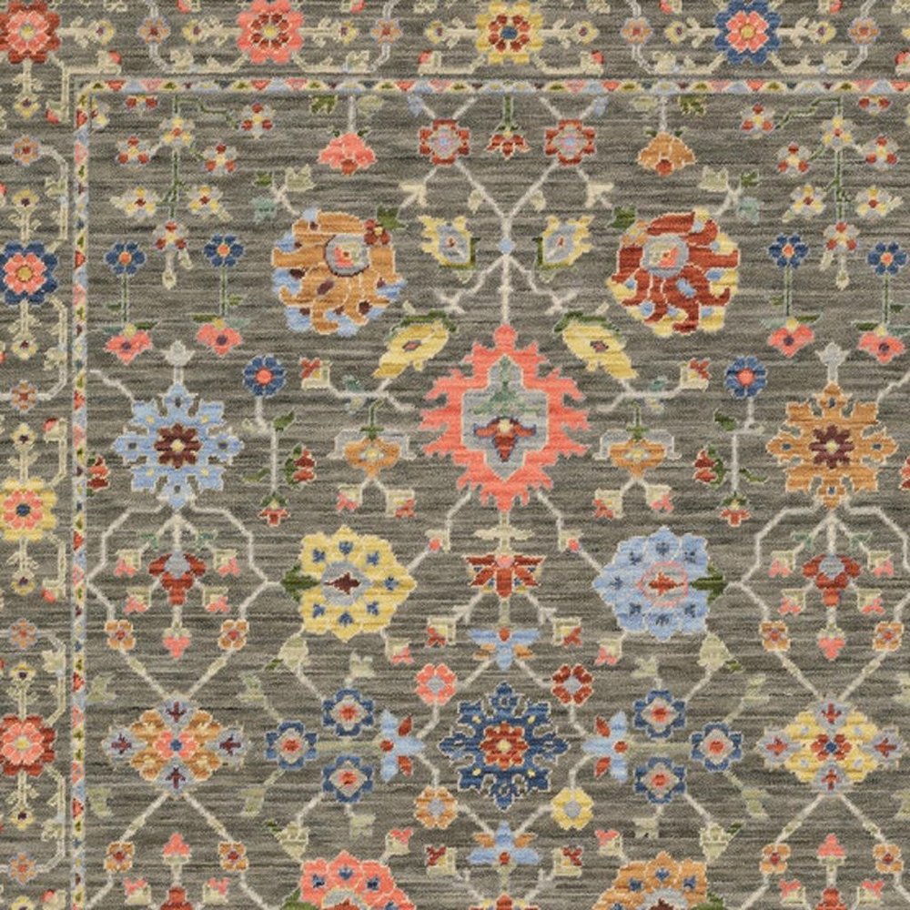 2' X 6' Grey Salmon Pink Gold Blue Rust Deep Blue Ivory And Green Oriental Power Loom Stain Resistant Runner Rug With Fringe