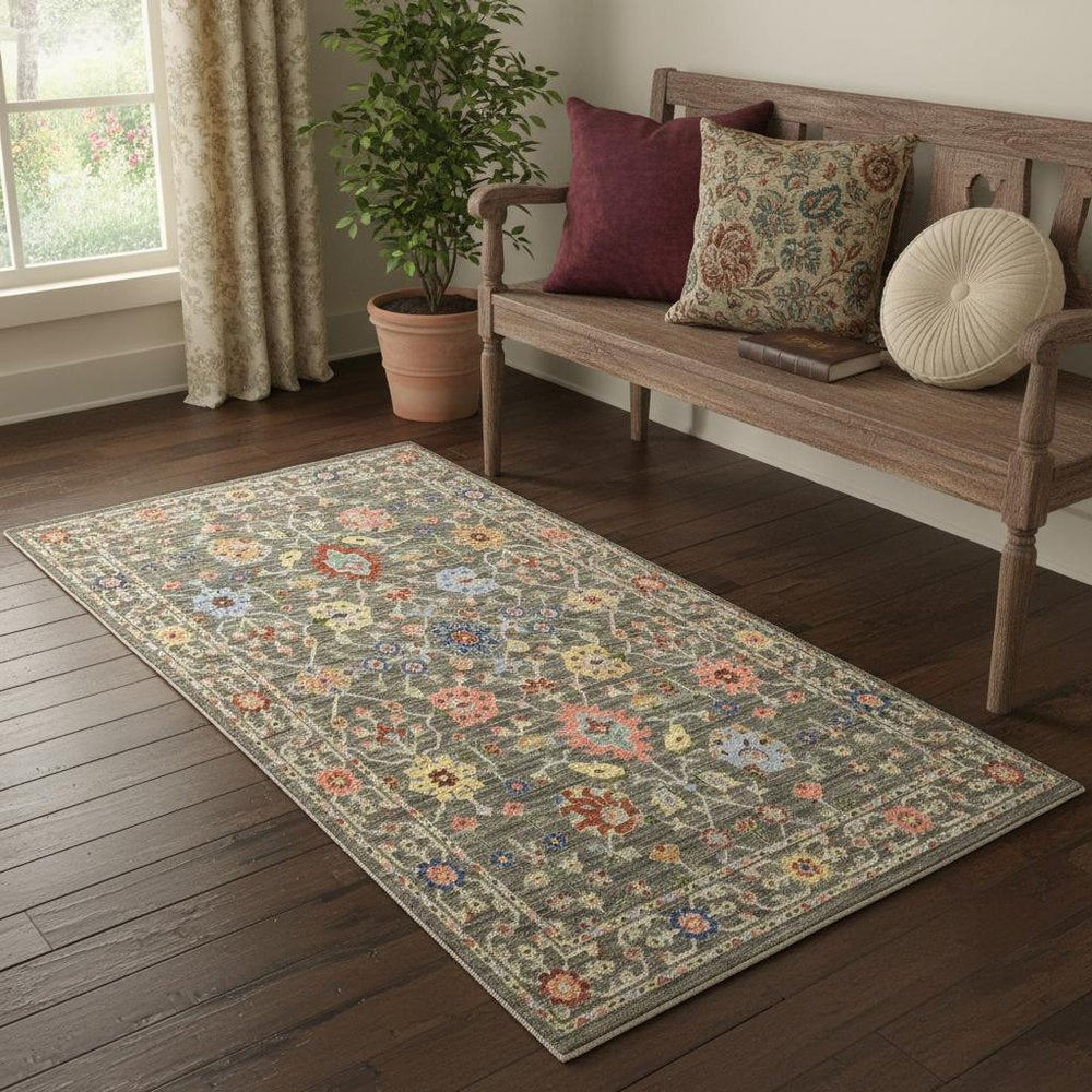 2' X 6' Grey Salmon Pink Gold Blue Rust Deep Blue Ivory And Green Oriental Power Loom Stain Resistant Runner Rug With Fringe