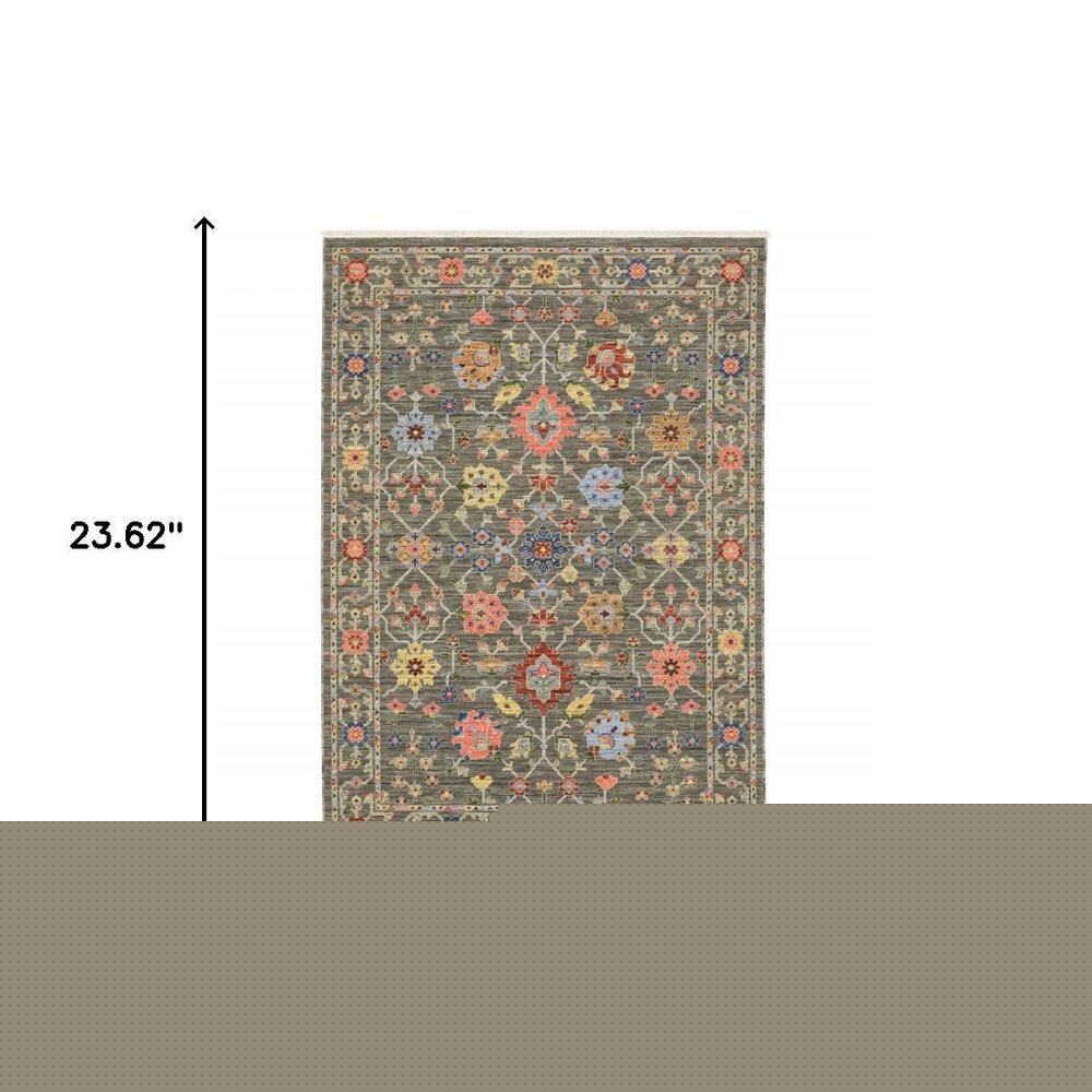 2' X 6' Grey Salmon Pink Gold Blue Rust Deep Blue Ivory And Green Oriental Power Loom Stain Resistant Runner Rug With Fringe