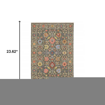 2' X 6' Grey Salmon Pink Gold Blue Rust Deep Blue Ivory And Green Oriental Power Loom Stain Resistant Runner Rug With Fringe