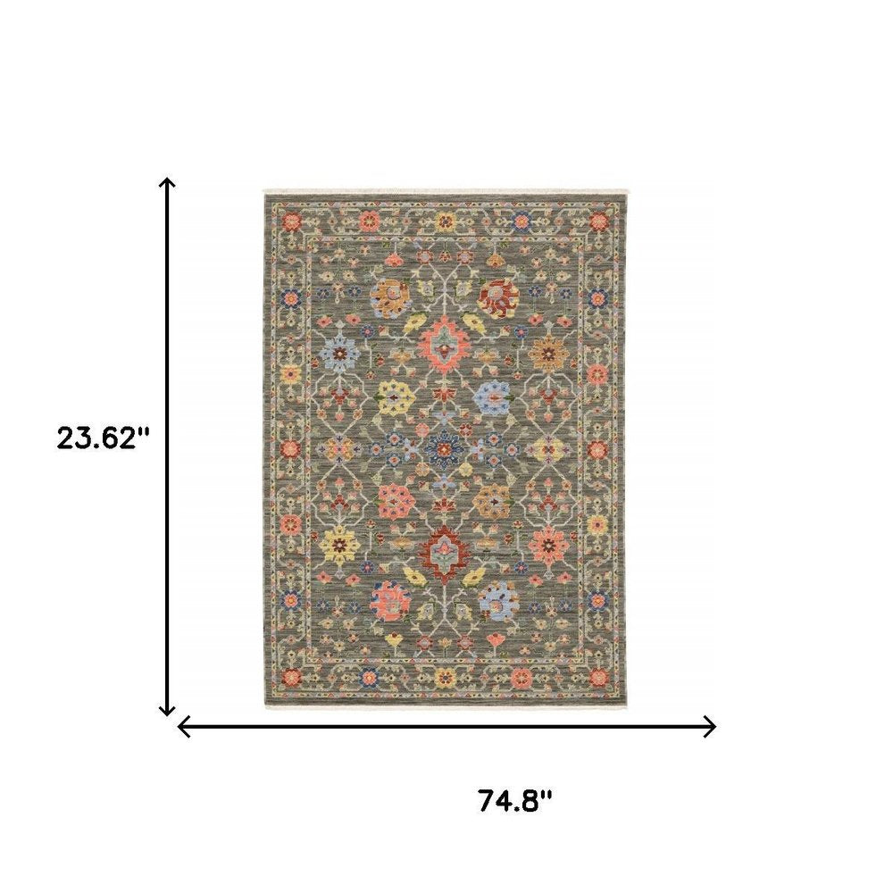 2' X 6' Grey Salmon Pink Gold Blue Rust Deep Blue Ivory And Green Oriental Power Loom Stain Resistant Runner Rug With Fringe