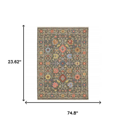 2' X 6' Grey Salmon Pink Gold Blue Rust Deep Blue Ivory And Green Oriental Power Loom Stain Resistant Runner Rug With Fringe