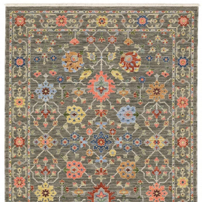 2' X 6' Grey Salmon Pink Gold Blue Rust Deep Blue Ivory And Green Oriental Power Loom Stain Resistant Runner Rug With Fringe