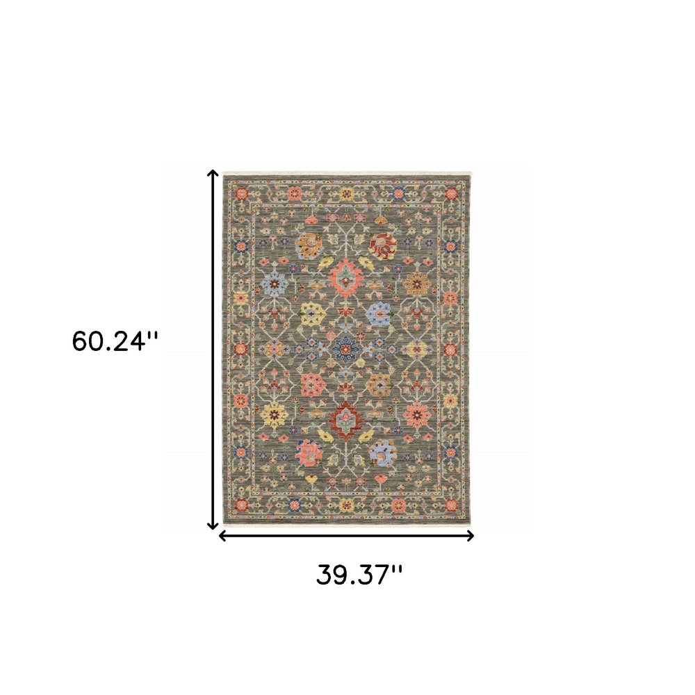 3' X 5' Grey Salmon Pink Gold Blue Rust Deep Blue Ivory And Green Oriental Power Loom Stain Resistant Area Rug With Fringe