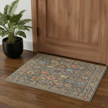 3' X 5' Grey Salmon Pink Gold Blue Rust Deep Blue Ivory And Green Oriental Power Loom Stain Resistant Area Rug With Fringe