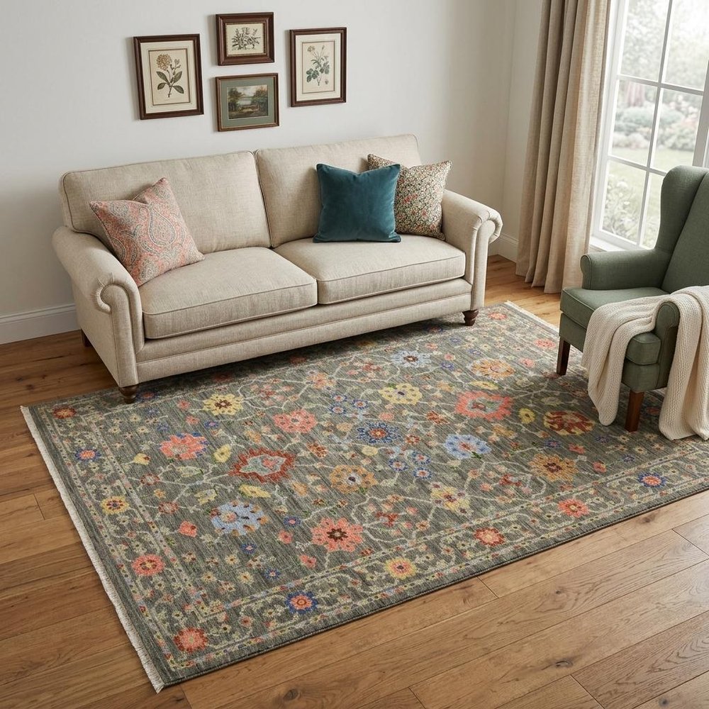 5' X 8' Gray Blue And Orange Oriental Area Rug With Fringe