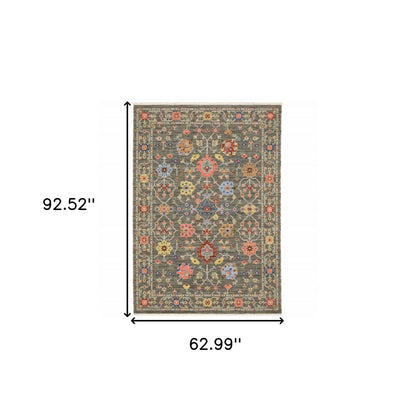 5' X 8' Gray Blue And Orange Oriental Area Rug With Fringe