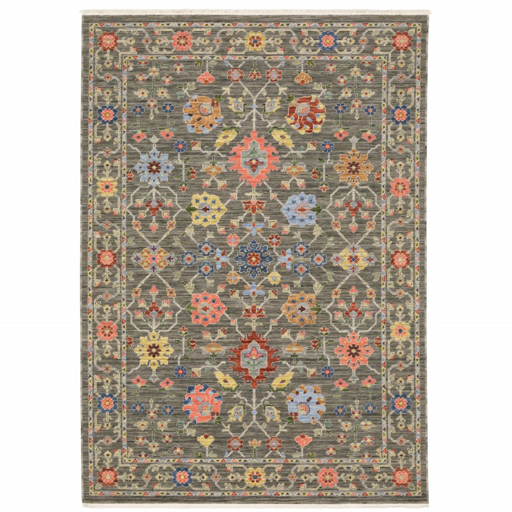 5' X 8' Gray Blue And Orange Oriental Area Rug With Fringe