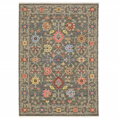5' X 8' Gray Blue And Orange Oriental Area Rug With Fringe