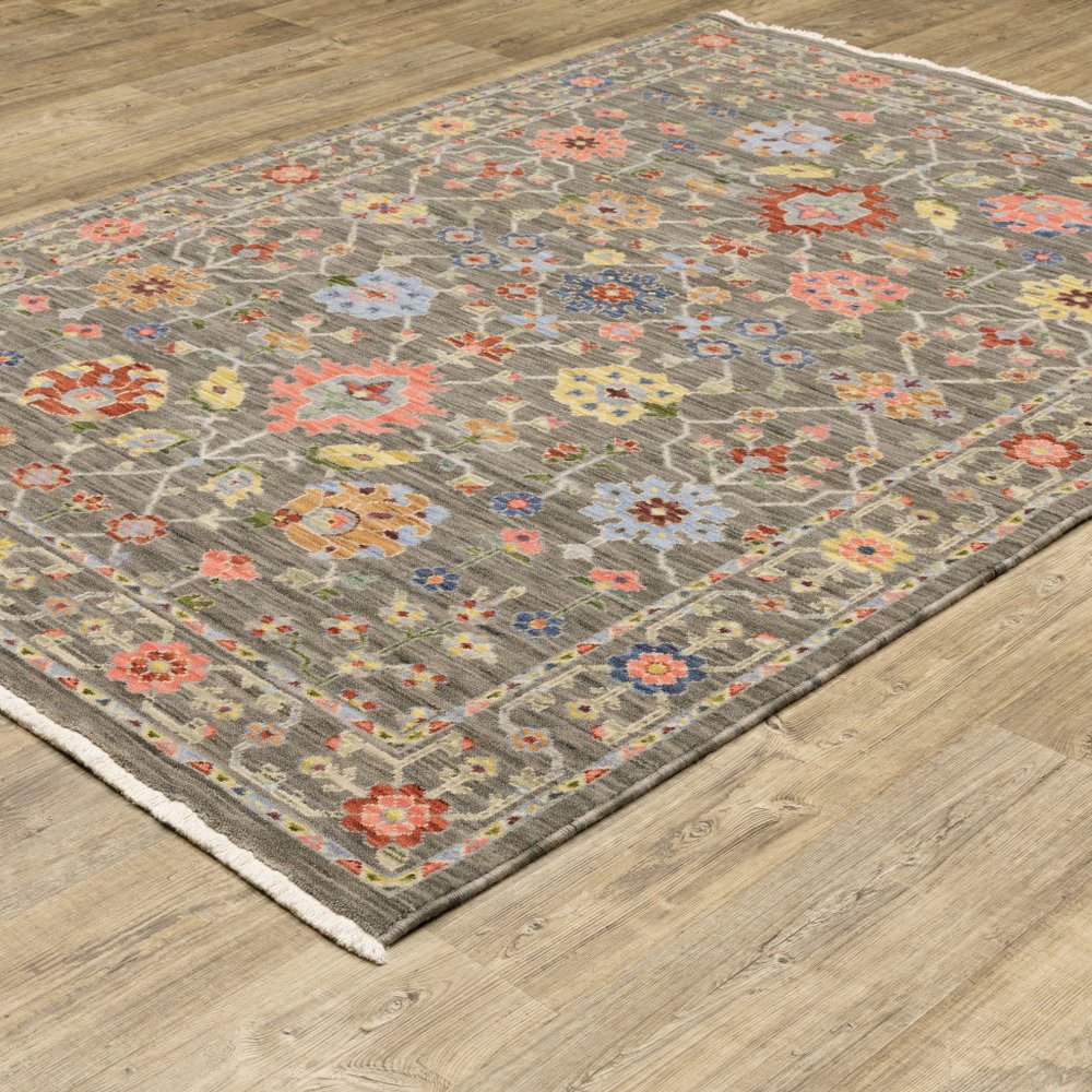 5' X 8' Gray Blue And Orange Oriental Area Rug With Fringe