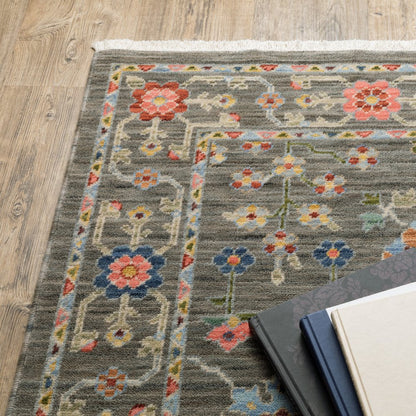 5' X 8' Gray Blue And Orange Oriental Area Rug With Fringe