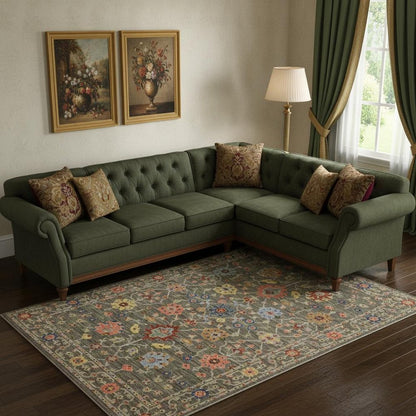 8' X 11' Grey Salmon Pink Gold Blue Rust Deep Blue Ivory And Green Oriental Power Loom Stain Resistant Area Rug With Fringe