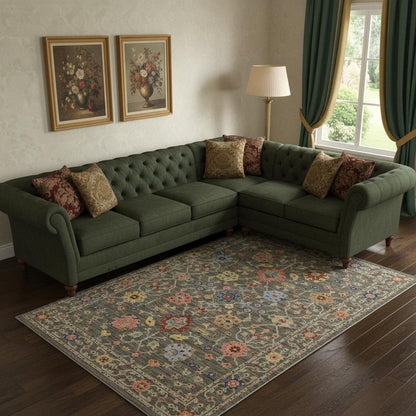 10' X 13' Grey Salmon Pink Gold Blue Rust Deep Blue Ivory And Green Oriental Power Loom Stain Resistant Area Rug With Fringe