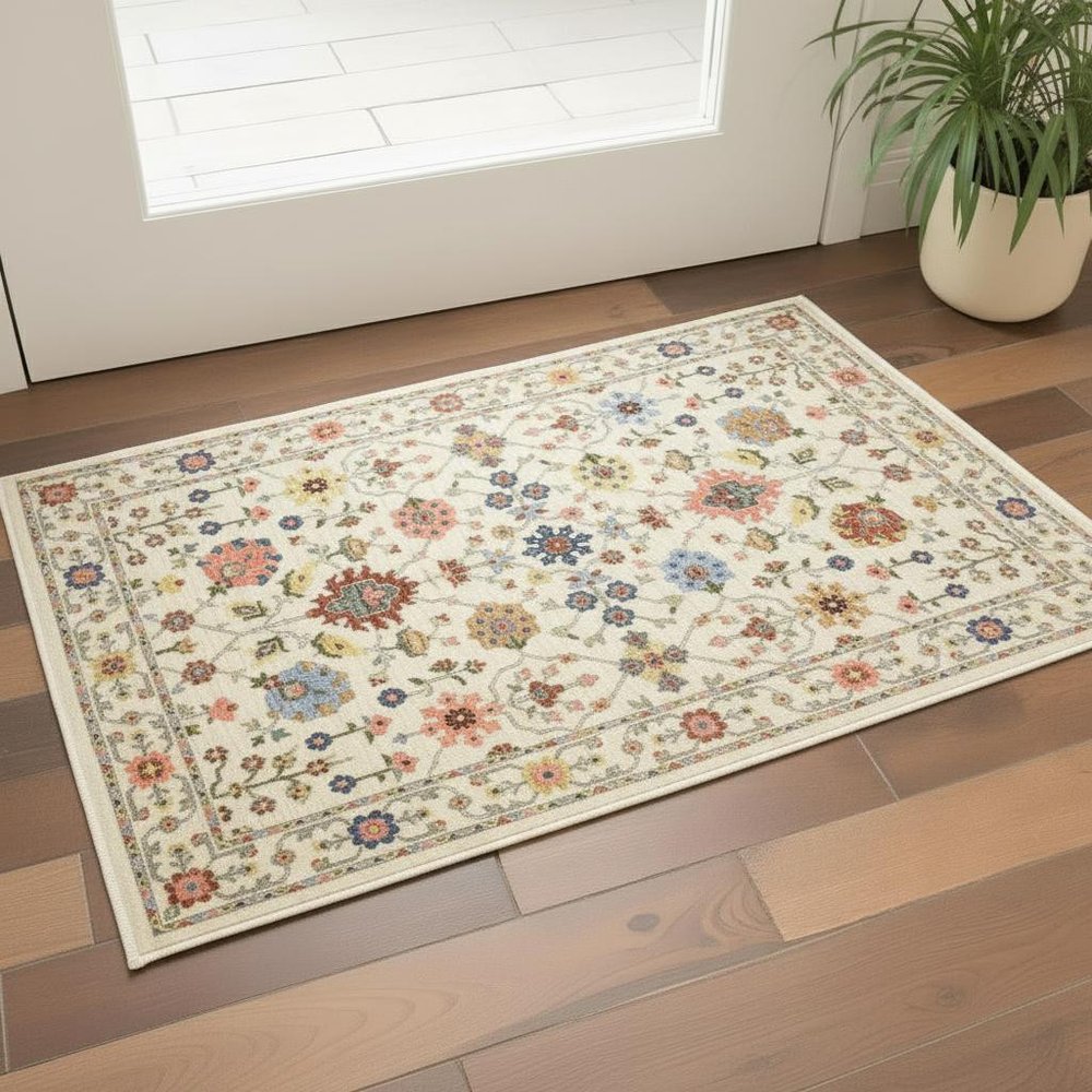 2' X 3' Ivory Oriental Power Loom Stain Resistant Area Rug With Fringe