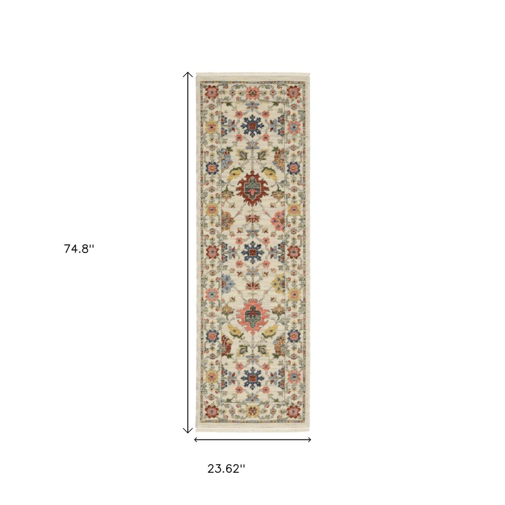 2' X 6' Ivory Salmon Pink Gold Blues Grey Rust And Green Oriental Power Loom Stain Resistant Runner Rug With Fringe