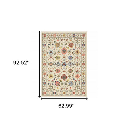 5' X 8' Ivory Blue And Red Oriental Area Rug With Fringe