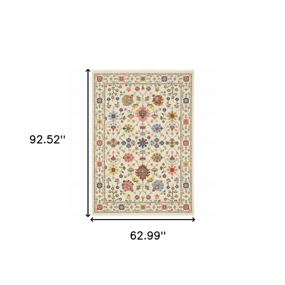 5' X 8' Ivory Blue And Red Oriental Area Rug With Fringe
